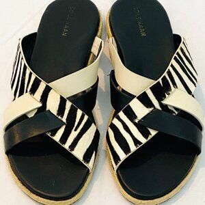 Cole Haan Florens Slide Sandal Womens size 6 1/2B zebra print fur preppy classic